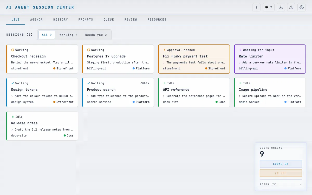 The LIVE board on a smaller window: nine session cards in four columns, two of them waiting for you.