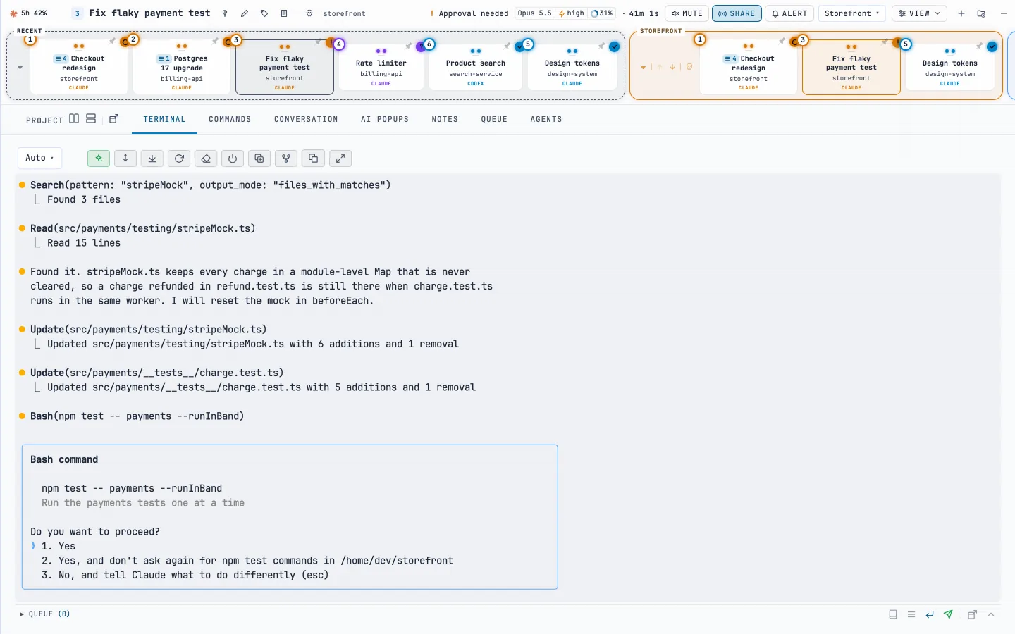 A session’s live terminal in AASC, with Claude Code asking to run npm test.